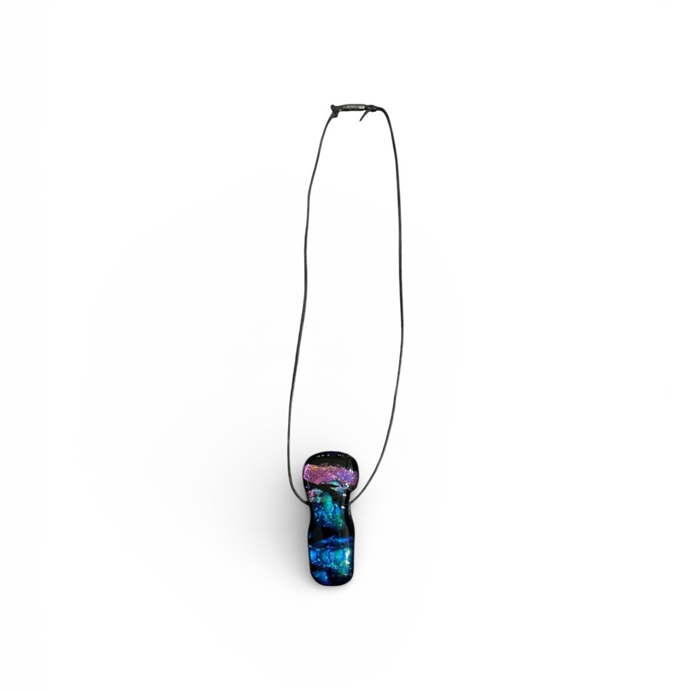 Blue Green Pink Dichroic Glass Pendant on Black Cord 8.5" L
